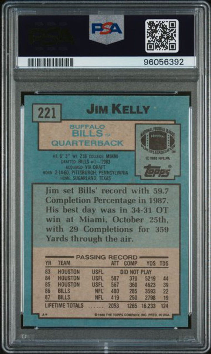 Graded 1988 Topps Jim Kelly #221 2nd Year Football Card PSA 10 Gem Mint