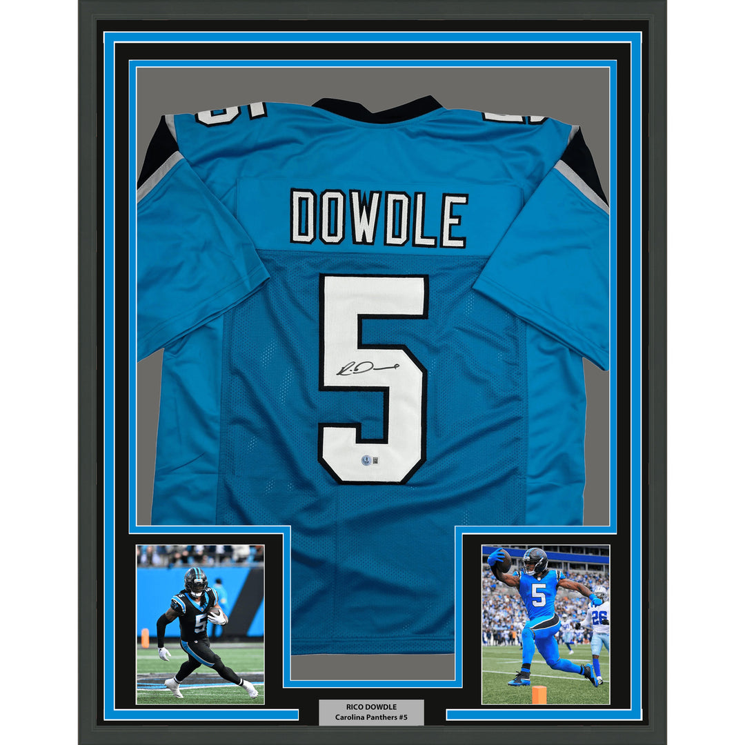 Framed Autographed/Signed Rico Dowdle 35x39 Carolina Blue Jersey BAS COA