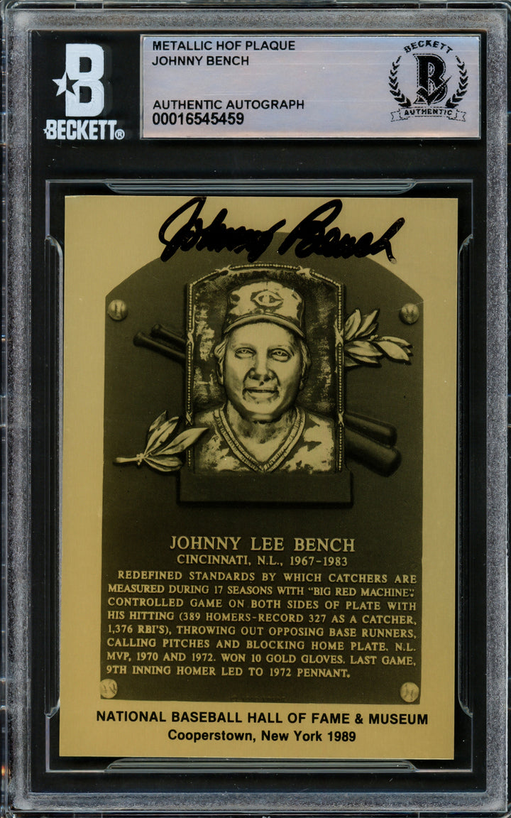 Johnny Bench Autographed 1989 Hall of Fame Metallic Plaque Card Beckett 16545459
