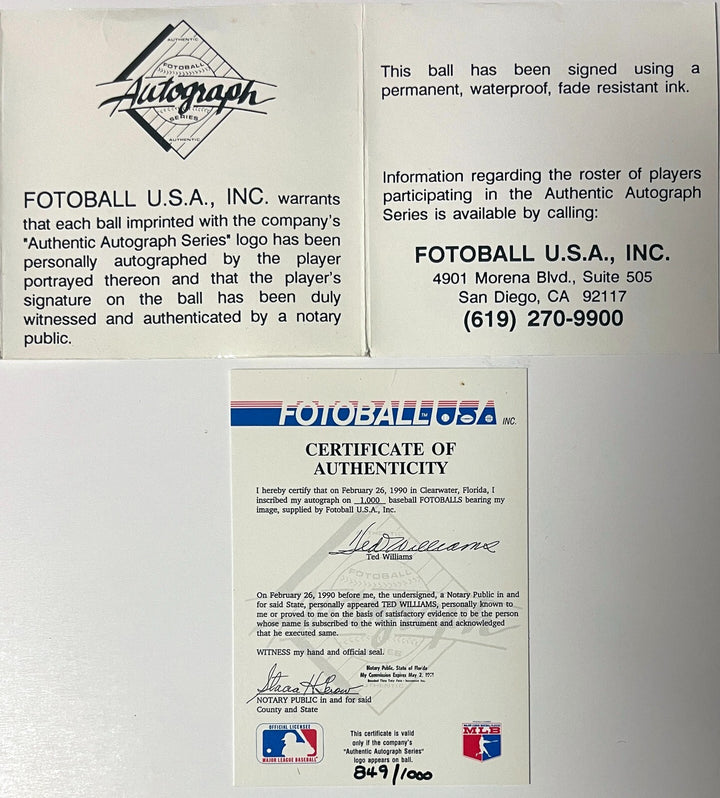 Ted Williams signed Fotoball USA MLB Baseball /1000 bleed - COA  Red Sox/HOF