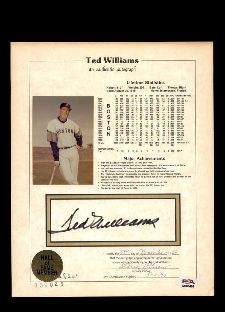 Ted Williams PSA DNA Signed 8x10 Hall of Fame Stat Photo Autograph Red Sox