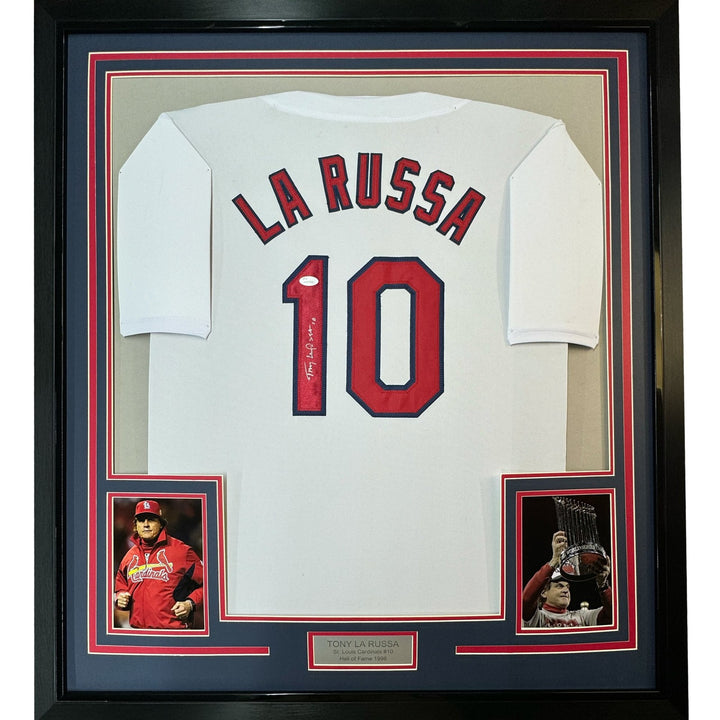 Framed Autographed/Signed Tony LaRussa 33x42 St. Louis White Jersey JSA COA