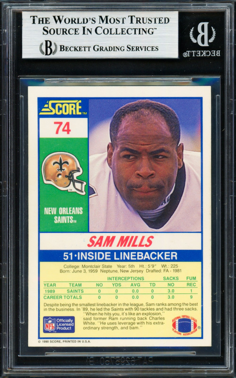 Sam Mills Signed 1990 Score Card 74 New Orleans Saints Beckett