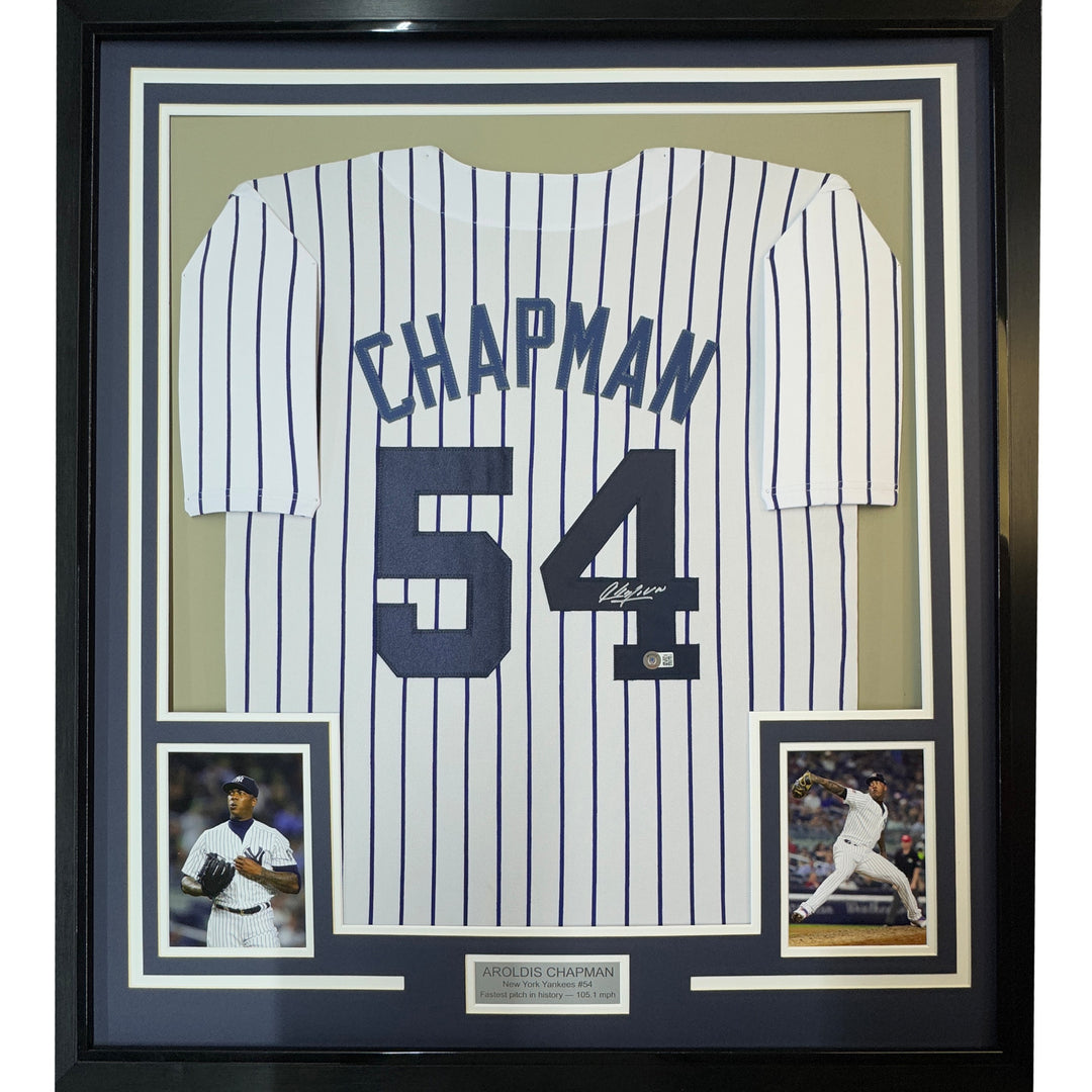 Framed Autographed/Signed Aroldis Chapman 33x42 NY Pinstripe Jersey BAS COA