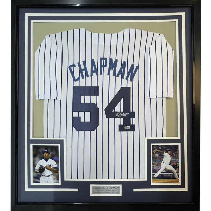 Framed Autographed/Signed Aroldis Chapman 33x42 NY Pinstripe Jersey BAS COA