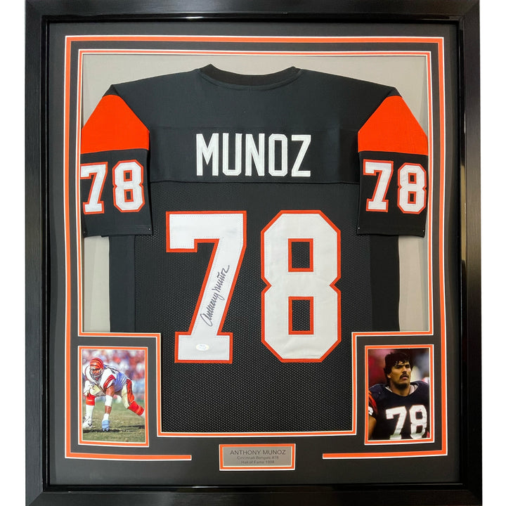 Framed Autographed/Signed Anthony Munoz 33x42 Cincinnati Black Jersey JSA COA