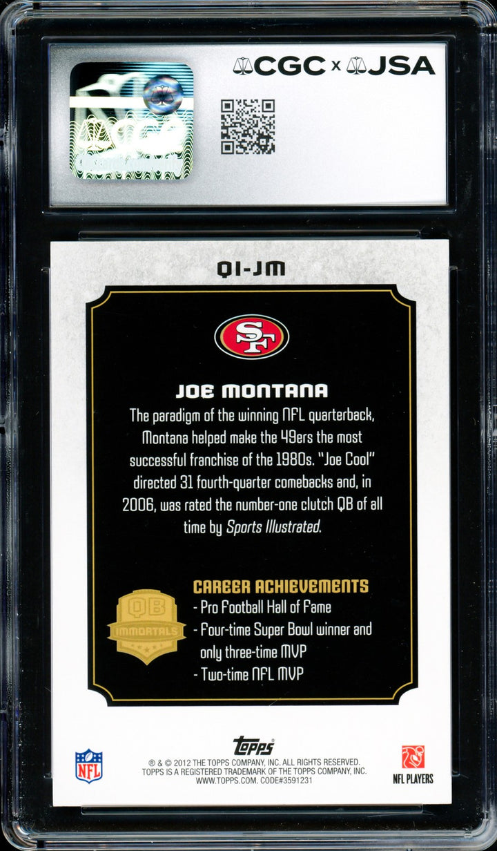 Joe Montana Auto 2012 Topps QB Immortals Card QI-JM 49ers Grade 9 CGC x JSA