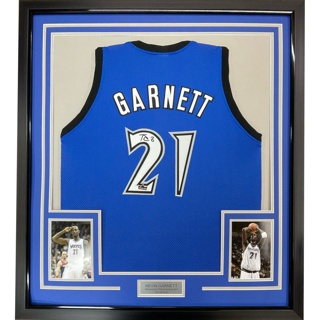 Framed Facsimile Autographed Kevin Garnett 33x42 Blue Reprint Laser Auto Jersey
