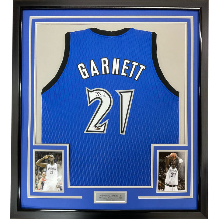 Framed Facsimile Autographed Kevin Garnett 33x42 Blue Reprint Laser Auto Jersey