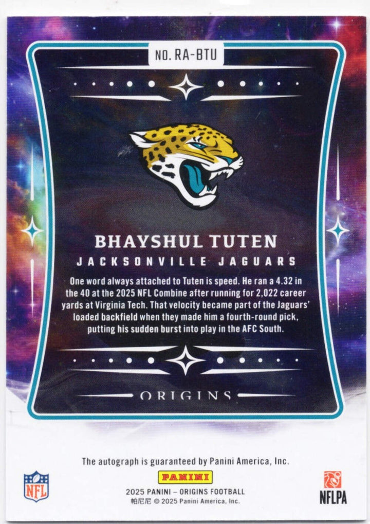 2025 Panini Origins Bhayshul Tuten #RABTU Blue Auto /49 Rookie RC Football Card