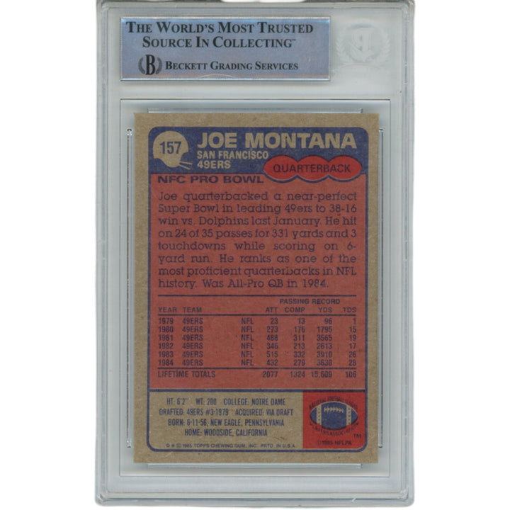 Joe Montana Autographed/Signed 1985 Topps 157 Trading Card Beckett 46623