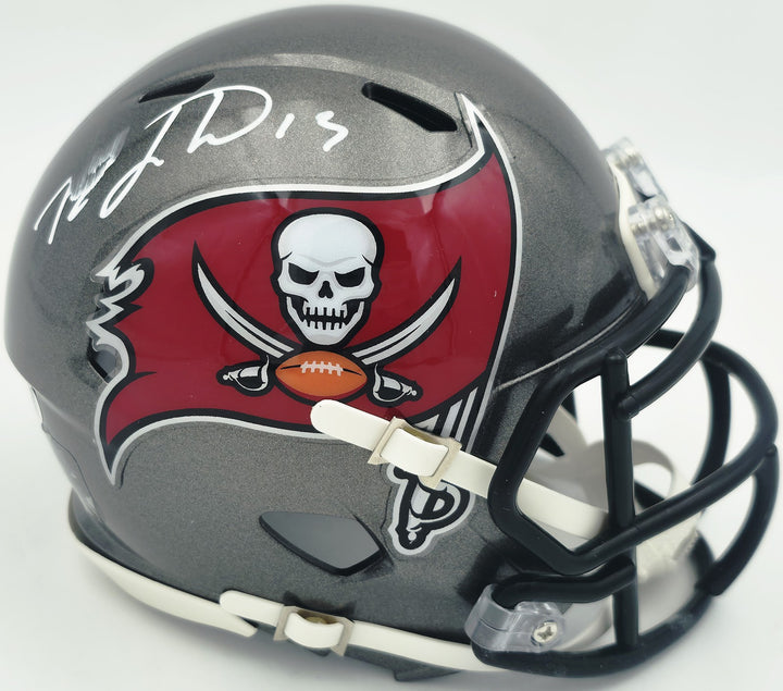 Tez Johnson Auto Buccaneers Silver Speed Mini Helmet (Smudged) JSA Witness