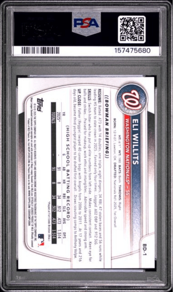 Graded 2025 Topps Bowman Draft Eli Willits #BD1 Rookie RC Card PSA 10