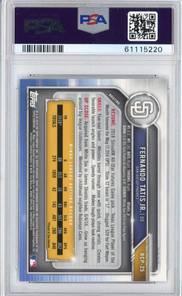 Graded 2019 Bowman Prospects Chrome Fernando Tatis Jr. #BCP25 Rookie Card PSA 10