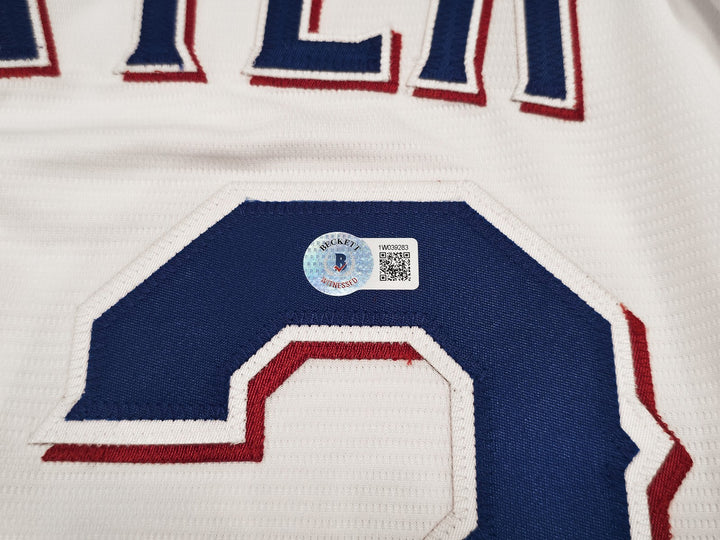 Rangers Evan Carter Signed White Nike Jersey Size XL "23 WS Champs" Beckett Wit