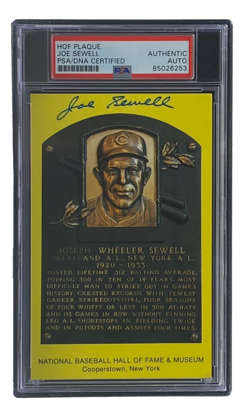 Joe Sewell Signed 4x6 Cleveland Hall Of Fame Plaque Card PSA/DNA 85026253