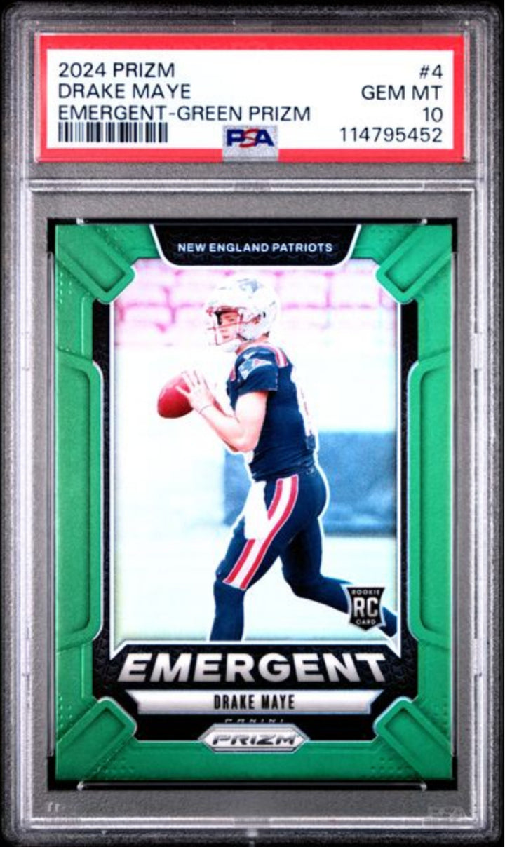Graded 2024 Panini Prizm Drake Maye #4 Emergent Green Prizm Rookie Card PSA 10