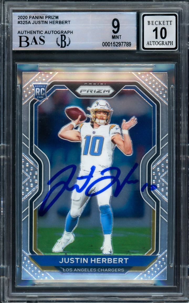 Justin Herbert Signed 2020 Panini Prizm RC 325 Chargers BGS 9 Auto GM 10 Beckett