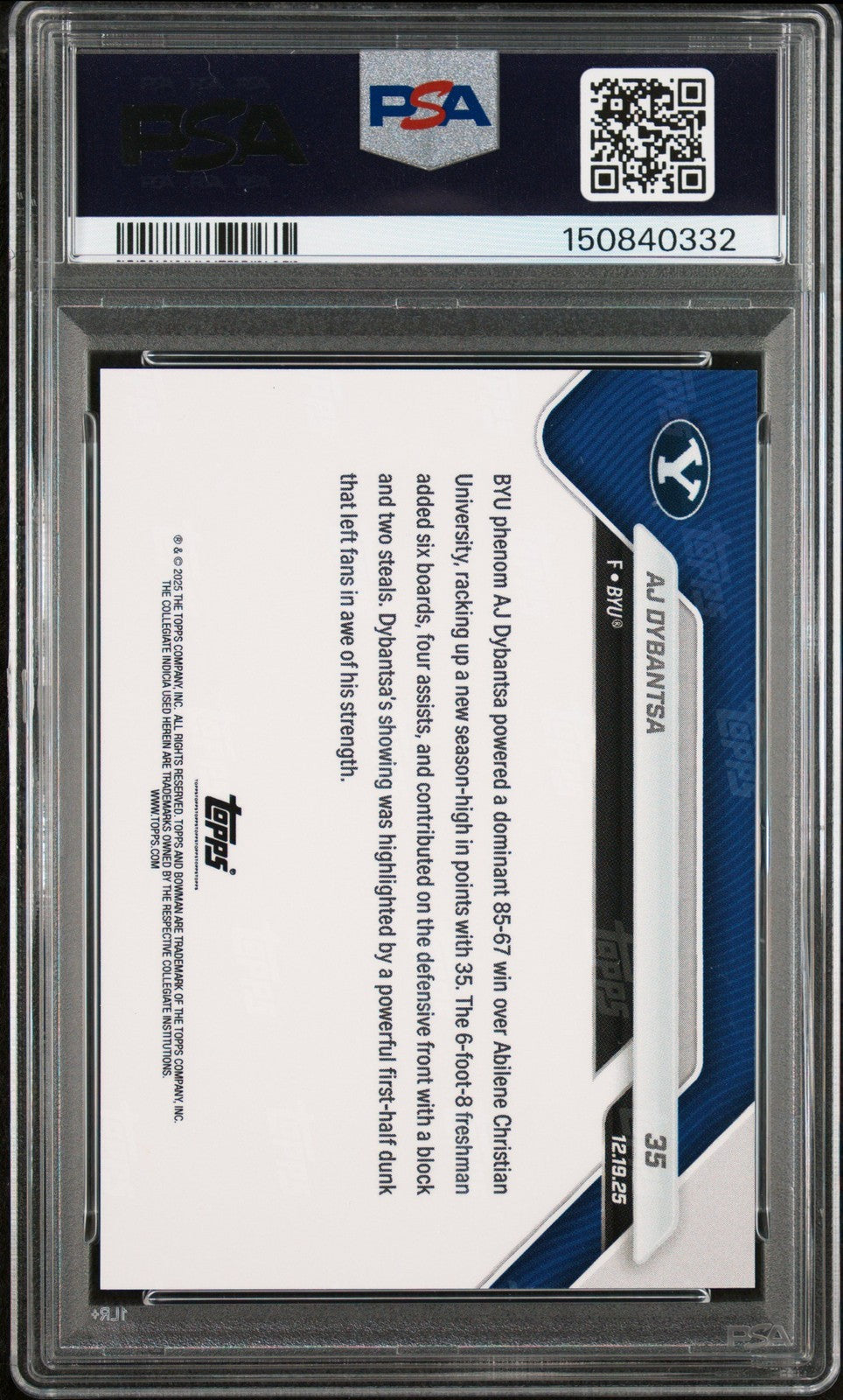 Graded 2025 Bowman U Now AJ Dybantsa #35 Rookie RC Basketball Card PSA 10