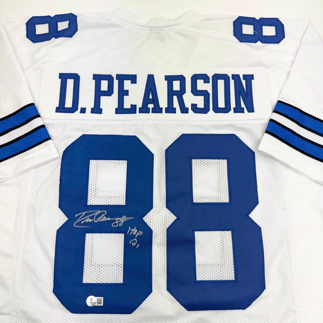 Autographed/Signed Drew Pearson HOF 21 Dallas White Jersey Beckett BAS