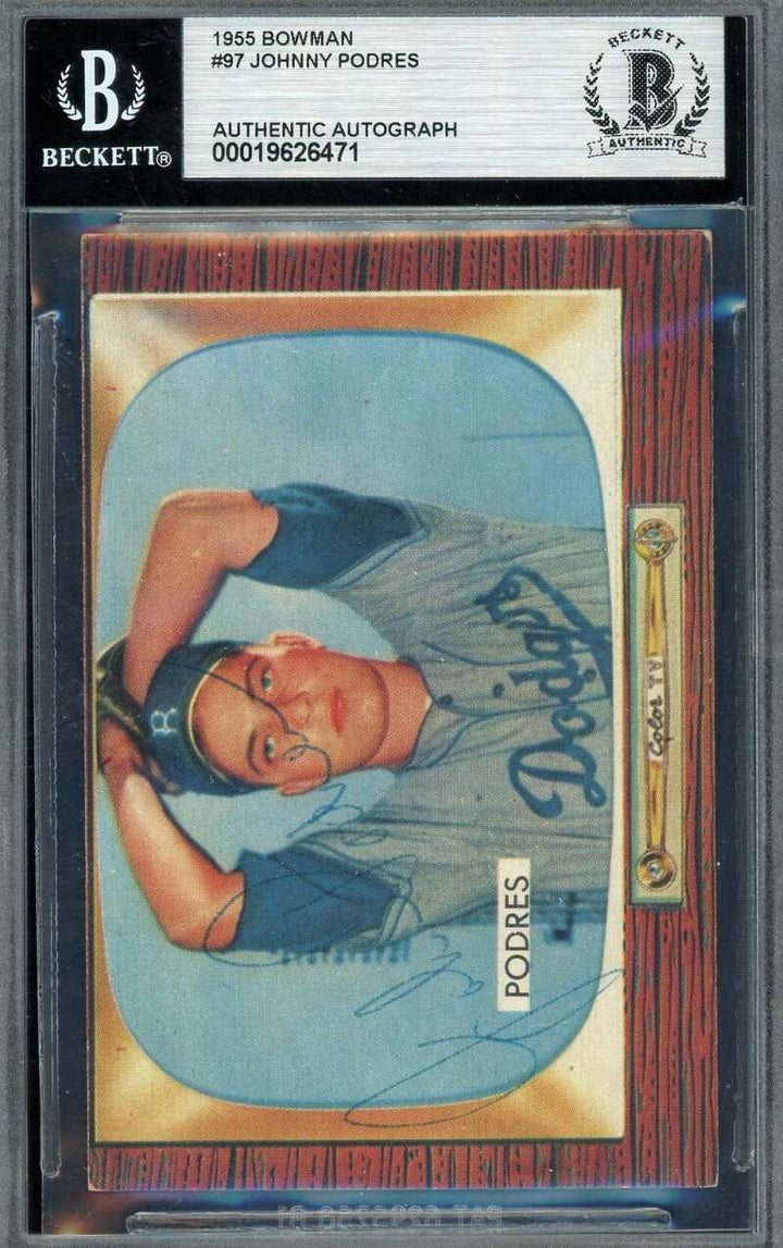 Johnny Podres Beckett BAS Vintage Signed 1955 Bowman Autograph Dodgers