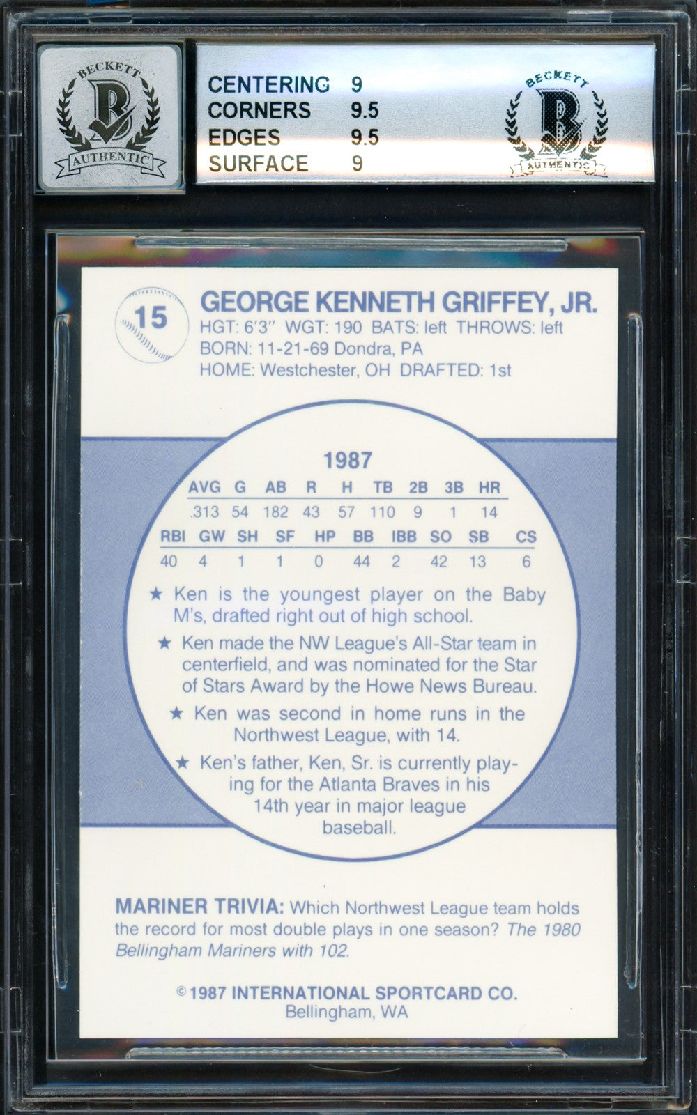 Ken Griffey Jr. Auto 1987 Bellingham Mariners RC 15 BGS 9 Sig 10 Beckett 4727277