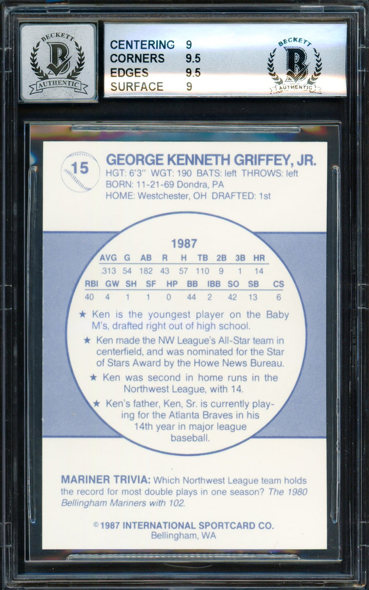 Ken Griffey Jr. Auto 1987 Bellingham Mariners RC 15 BGS 9 Sig 10 Beckett 4727277