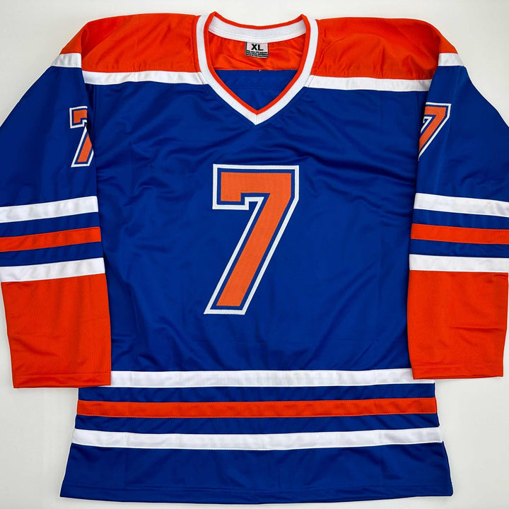 Facsimile Autographed Paul Coffey Edmonton Blue Reprint Jersey Size Men's XL