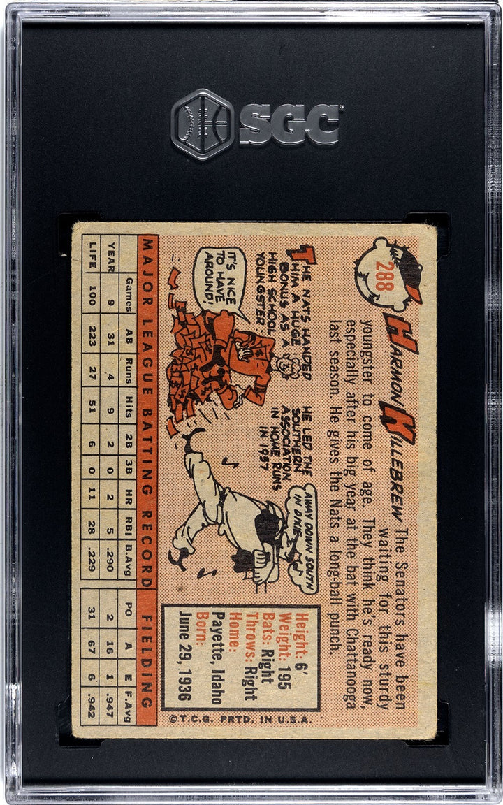 Harmon Killebrew 1958 Topps Baseball Card #288- SGC Graded 1.5 Fair