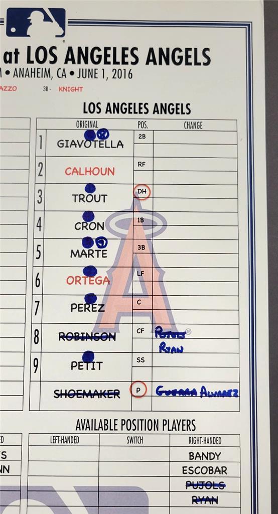 Tigers @ Angels 6/1/2016 Game Used Lineup Card Cabrera Hit Trout Pujols MLB Holo