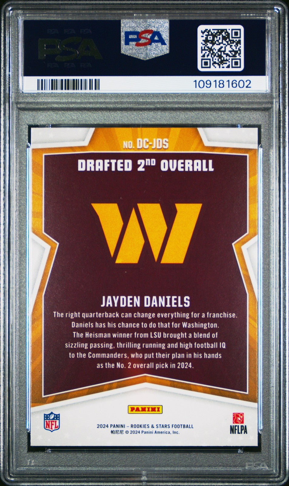 Graded 2024 Panini R&S Jayden Daniels #DCJDS Draft Class RC Card PSA 10