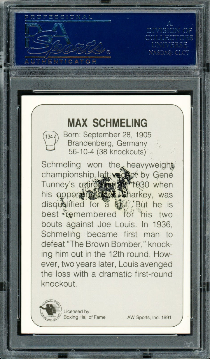 Max Schmeling Autographed 1991 AW Sports Card #134 (Smudged) PSA/DNA #83314057