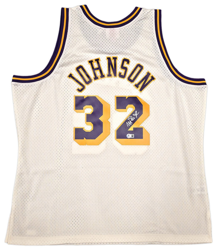 Lakers Magic Johnson Auto Cream Mitchell & Ness 1984 Swingman Jersey XXL Beckett