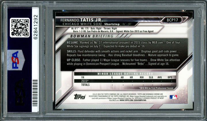 Fernando Tatis Jr. Auto 2016 Bowman Chrome RC BCP17 Padres PSA 8 Sig 10 PSA/DNA