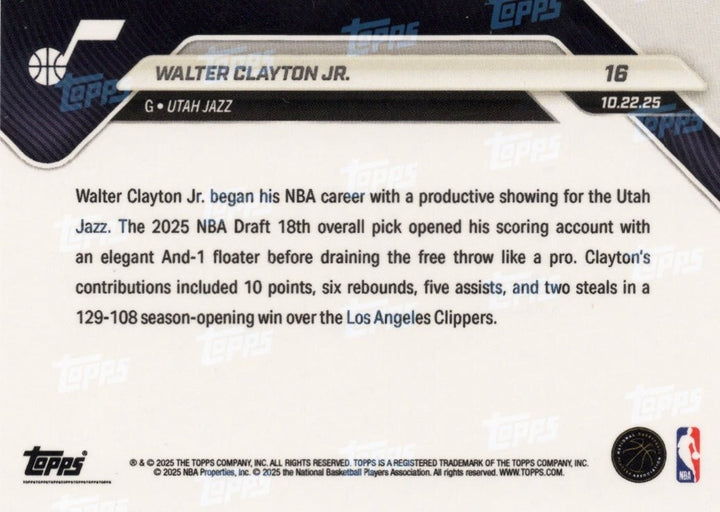 2025 Topps Now Walter Clayton Jr #16 Orange Foil /25 Utah Jazz Rookie Card