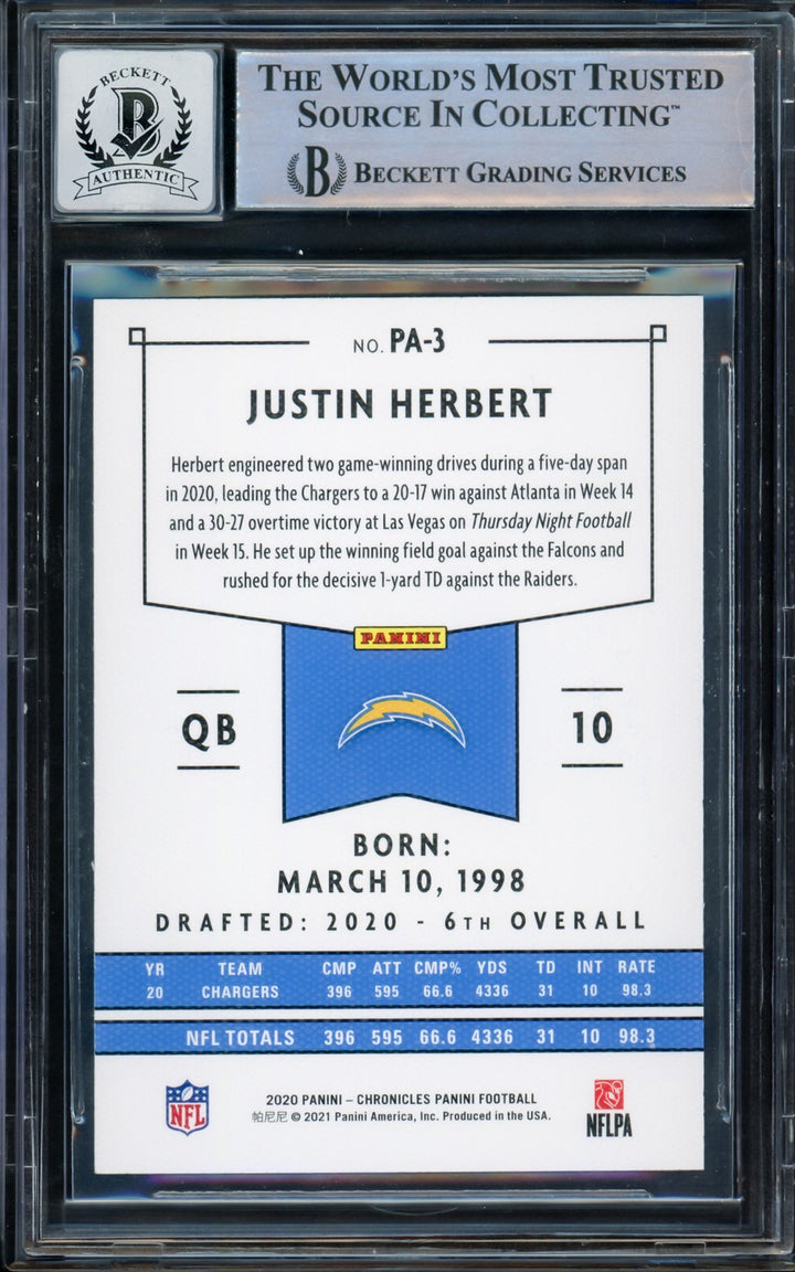 Justin Herbert Auto 2020 Chronicles Panini Green Parallel RC PA-3 Sig 10 Beckett