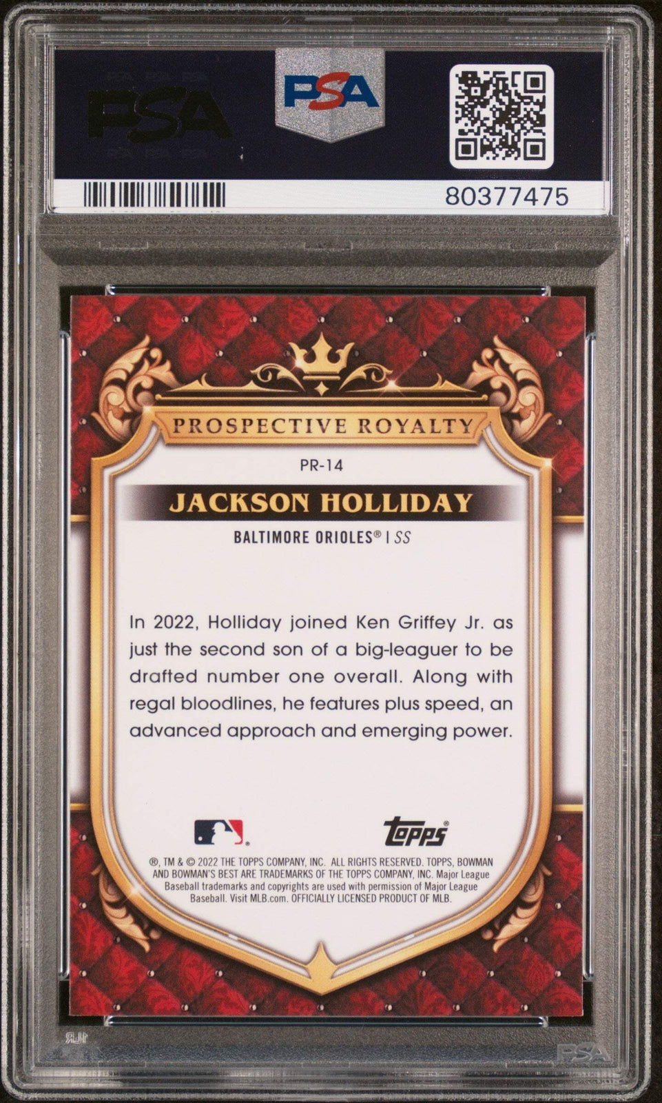 Graded 2022 Bowmans Best Jackson Holliday #PR14 Prospective Royalty Card PSA 10