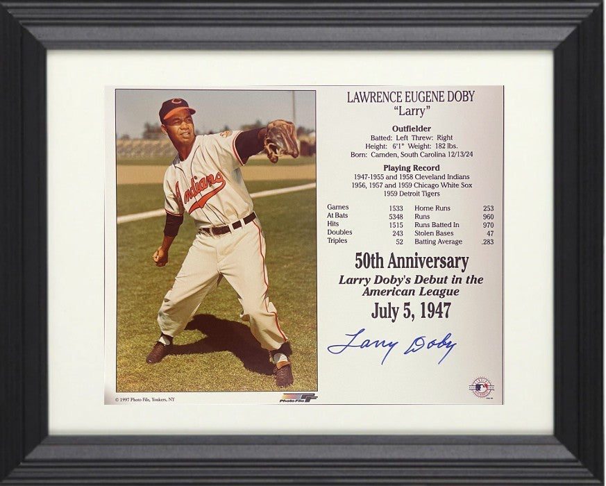 Larry Doby signed Cleveland MLB 50th Anniversary 8x10 Photo/Card Framed- COA/HOF