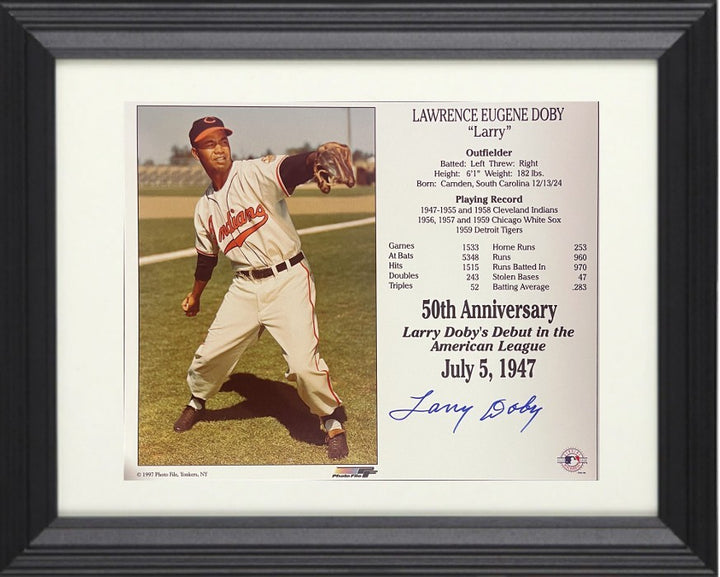 Larry Doby signed Cleveland MLB 50th Anniversary 8x10 Photo/Card Framed- COA/HOF