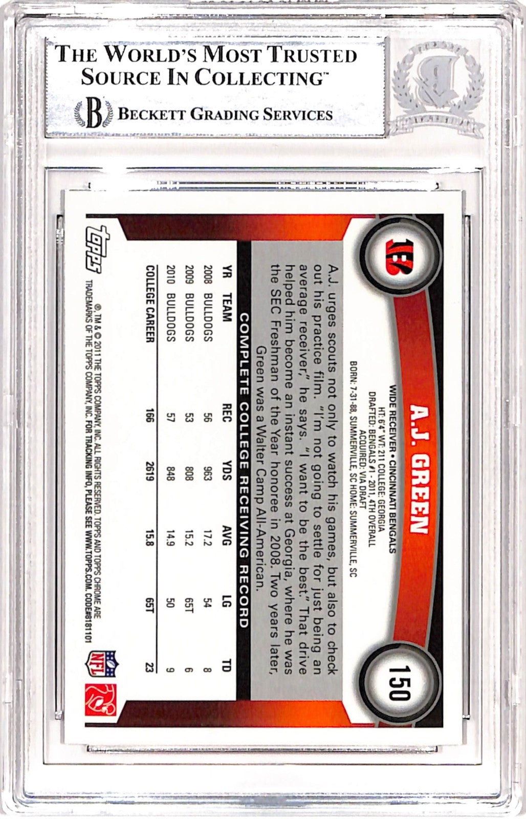 AJ Green Signed 2011 Topps Chrome #150 Trading Card Beckett 39074