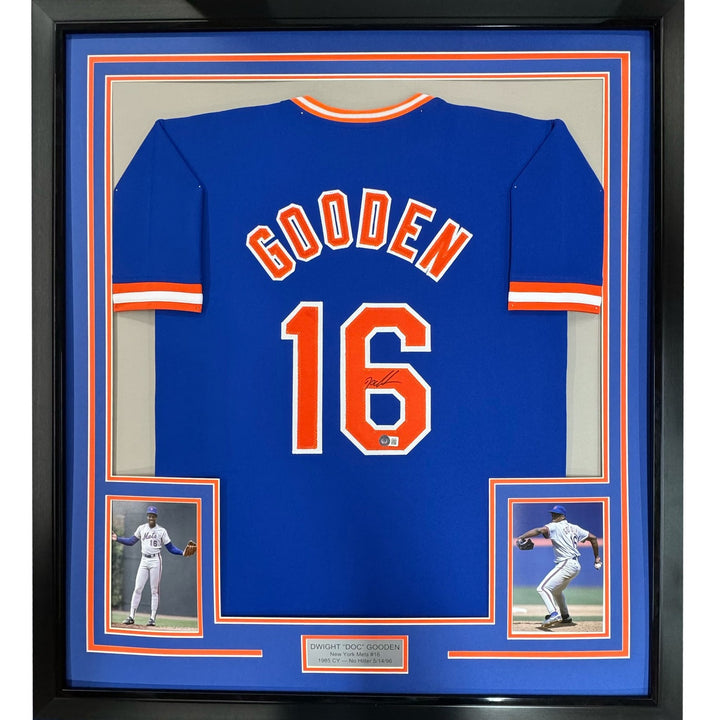 FRAMED Signed DWIGHT DOC GOODEN 35x39 New York Blue Jersey JSA COA