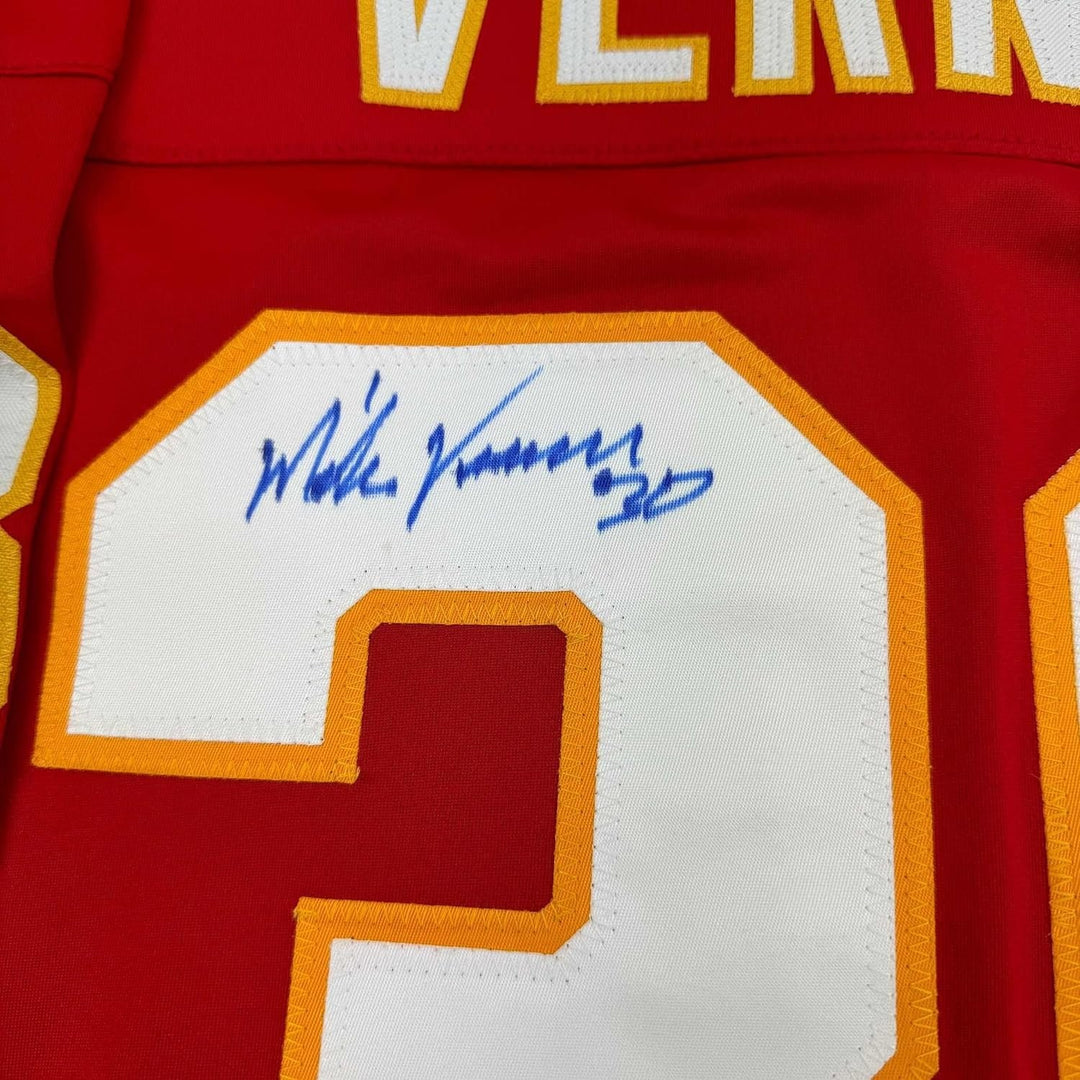 Framed Autographed/Signed Mike Vernon 35x39 Calgary Red Jersey JSA COA