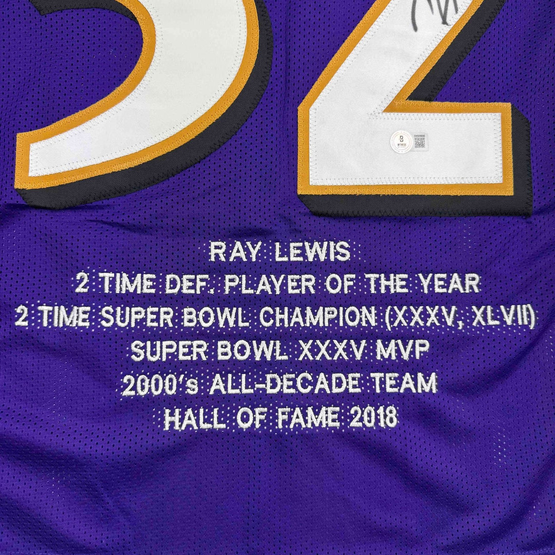 Autographed/Signed Ray Lewis Baltimore Purple Stat Jersey Beckett COA