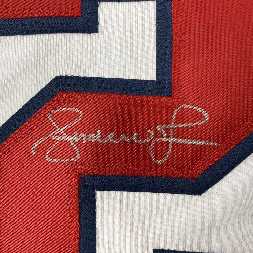 FRAMED Signed ANDRUW JONES 35x39 Atlanta White Jersey JSA COA Auto