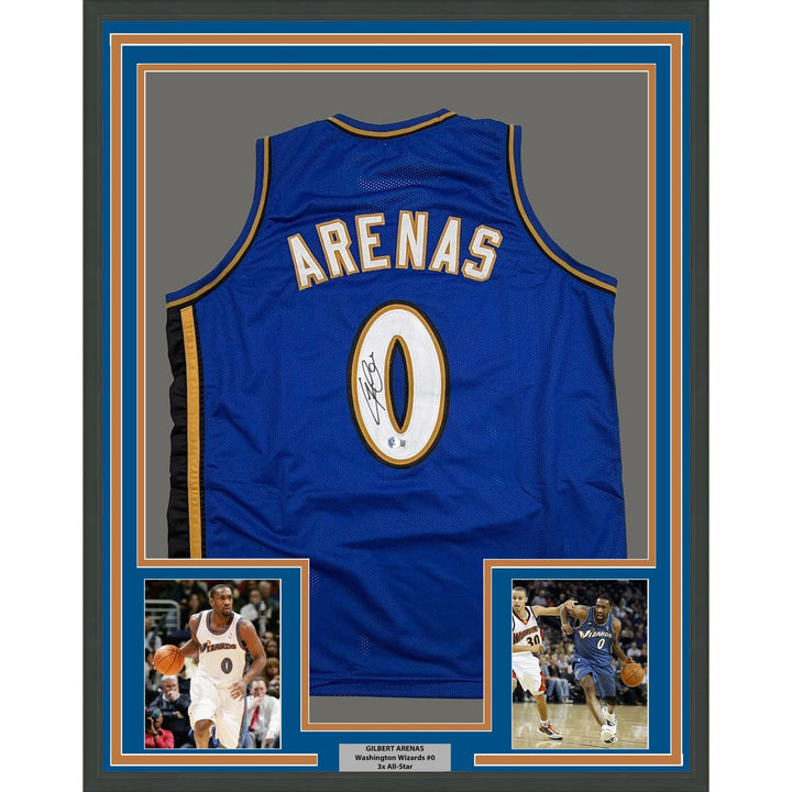 Framed Autographed/Signed Gilbert Arenas 35x39 Washington Blue Jersey COA