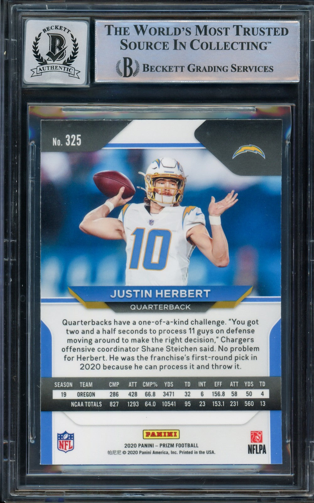 Justin Herbert Signed 2020 Panini Prizm RC 325 Chargers BGS 9 Auto GM 10 Beckett