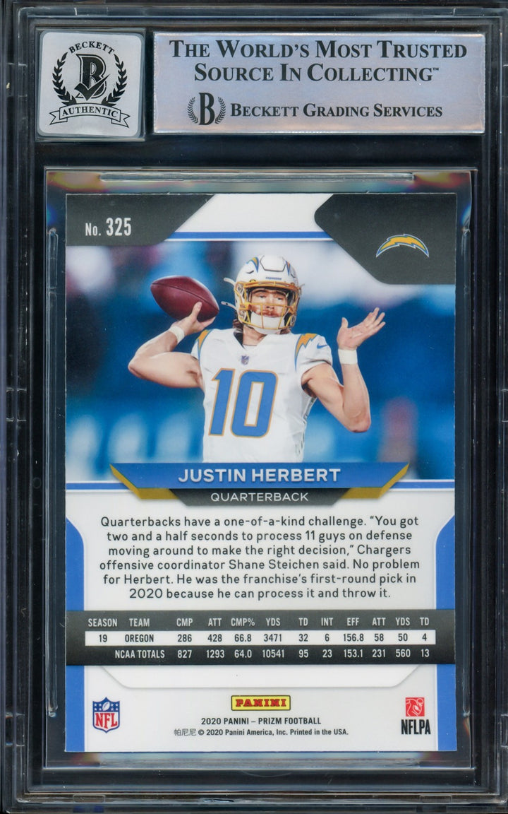 Justin Herbert Signed 2020 Panini Prizm RC 325 Chargers BGS 9 Auto GM 10 Beckett
