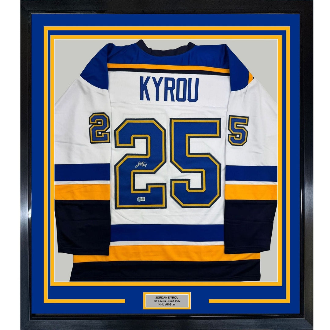 Framed Autographed/Signed Jordan Kyrou 35x39 St. Louis White Jersey BAS COA