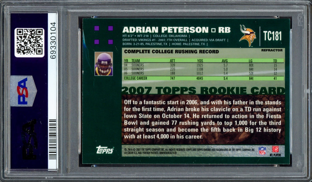 Adrian Peterson Auto 2007 Topps Chrome Refractor RC TC181 Vikings Sig 9 PSA/DNA