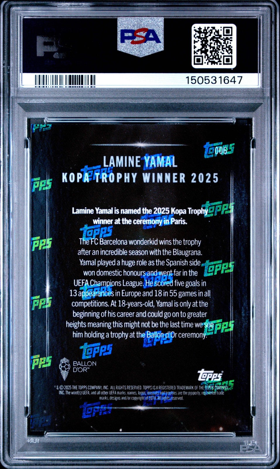 Graded 2025 Topps Now Ballon d'Or Lamine Yamal #6 Soccer Card PSA 10 Gem Mint